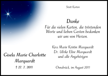 Traueranzeige von Gisela Marie Charlotte Marquardt von Neue Osnabrücker Zeitung GmbH & Co. KG