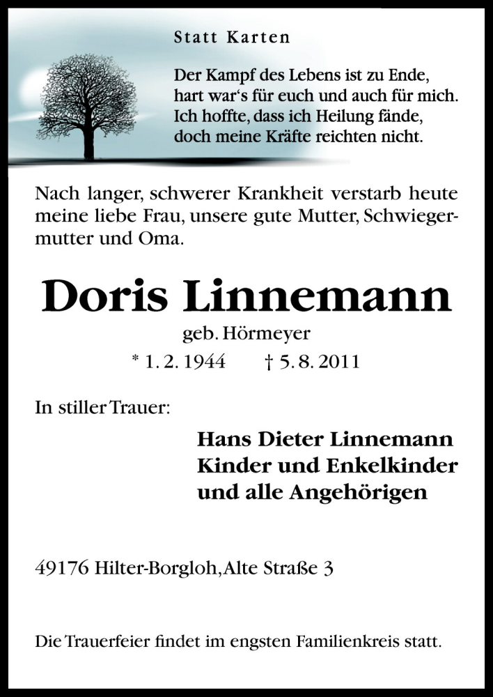  Traueranzeige für Doris Linnemann vom 08.08.2011 aus Neue Osnabrücker Zeitung GmbH & Co. KG