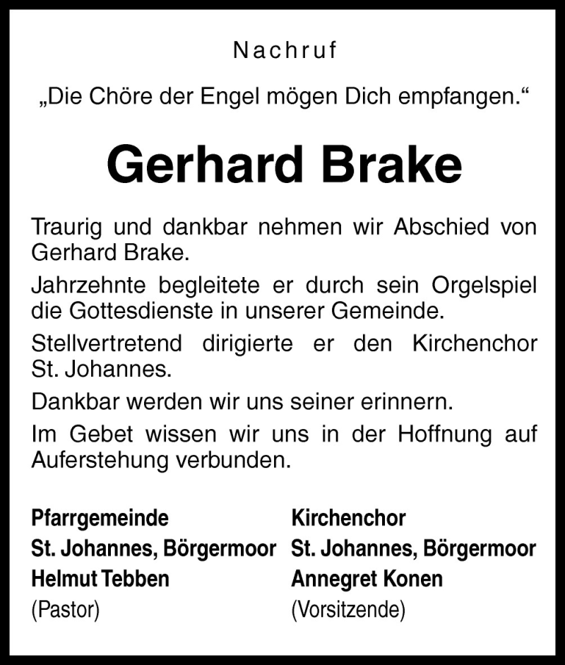  Traueranzeige für Gerhard Brake vom 08.08.2011 aus Neue Osnabrücker Zeitung GmbH & Co. KG