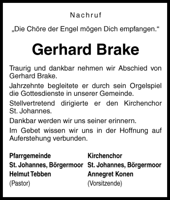 Traueranzeige von Gerhard Brake von Neue Osnabrücker Zeitung GmbH & Co. KG