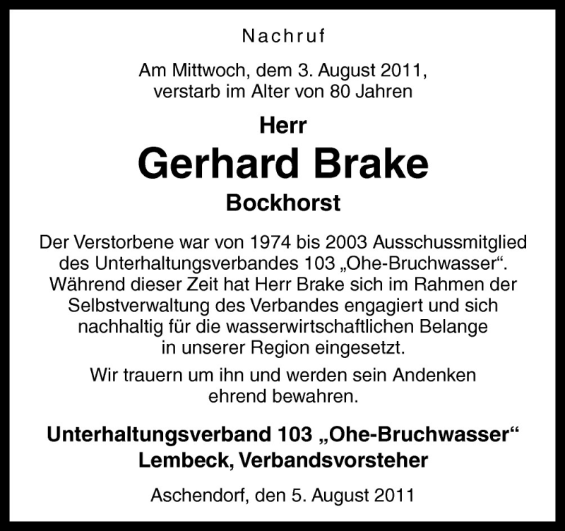  Traueranzeige für Gerhard Brake vom 08.08.2011 aus Neue Osnabrücker Zeitung GmbH & Co. KG