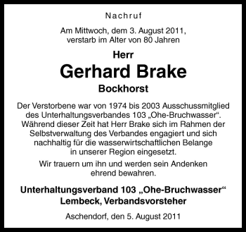 Traueranzeige von Gerhard Brake von Neue Osnabrücker Zeitung GmbH & Co. KG