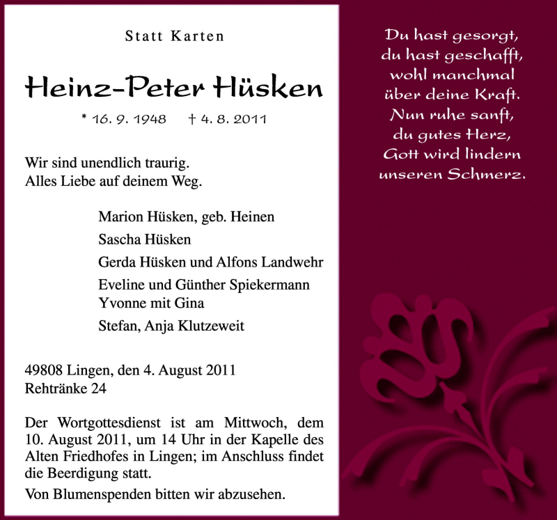  Traueranzeige für Heinz-Peter Hüsken vom 08.08.2011 aus Neue Osnabrücker Zeitung GmbH & Co. KG