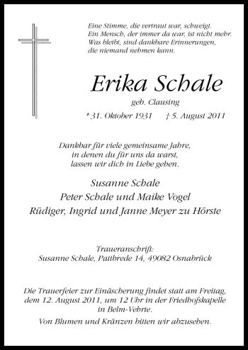 Traueranzeige von Erika Schale von Neue Osnabrücker Zeitung GmbH & Co. KG