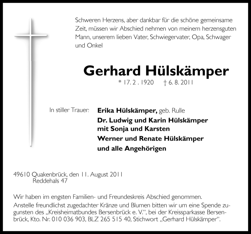  Traueranzeige für Gerhard Hülskämper vom 12.08.2011 aus Neue Osnabrücker Zeitung GmbH & Co. KG