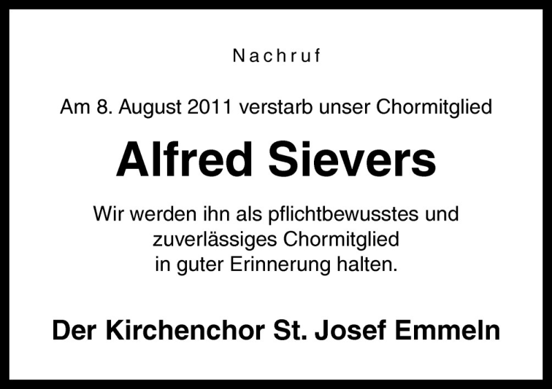  Traueranzeige für Alfred Sievers vom 11.08.2011 aus Neue Osnabrücker Zeitung GmbH & Co. KG