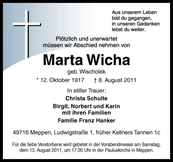 Traueranzeige von Marta Wicha von Neue Osnabrücker Zeitung GmbH & Co. KG