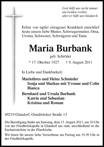 Traueranzeige von Maria Burbank von Neue Osnabrücker Zeitung GmbH & Co. KG