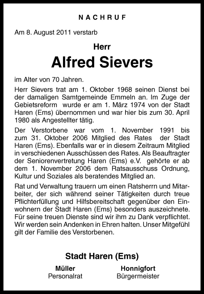  Traueranzeige für Alfred Sievers vom 12.08.2011 aus Neue Osnabrücker Zeitung GmbH & Co. KG