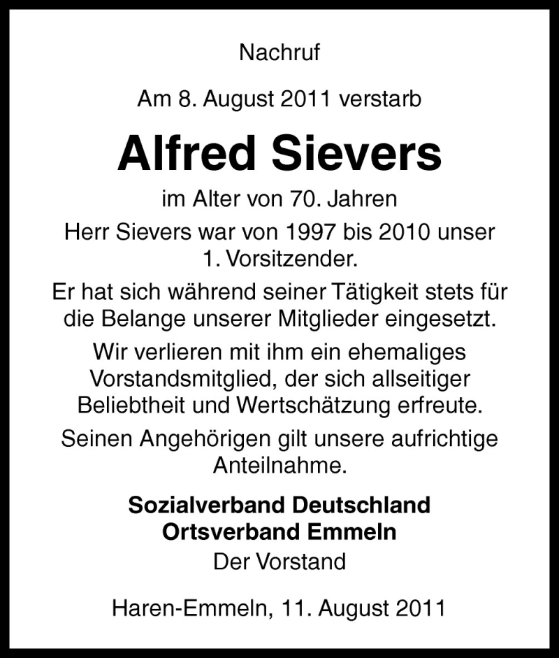  Traueranzeige für Alfred Sievers vom 12.08.2011 aus Neue Osnabrücker Zeitung GmbH & Co. KG