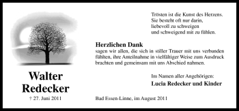 Traueranzeige von Walter Redecker von Neue Osnabrücker Zeitung GmbH & Co. KG