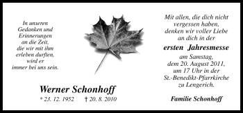 Traueranzeige von Werner Schonhoff von Neue Osnabrücker Zeitung GmbH & Co. KG