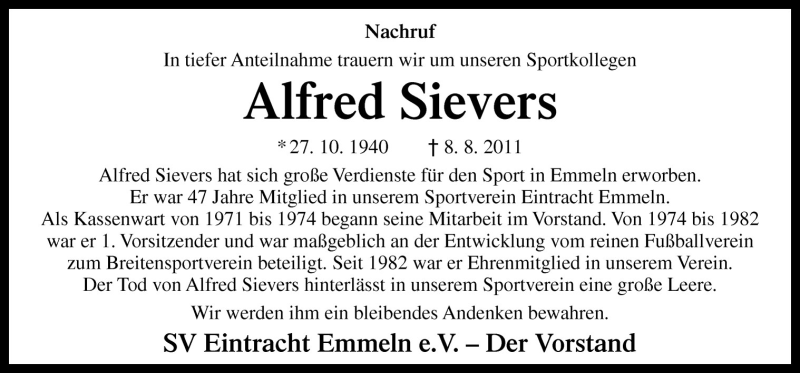  Traueranzeige für Alfred Sievers vom 13.08.2011 aus Neue Osnabrücker Zeitung GmbH & Co. KG