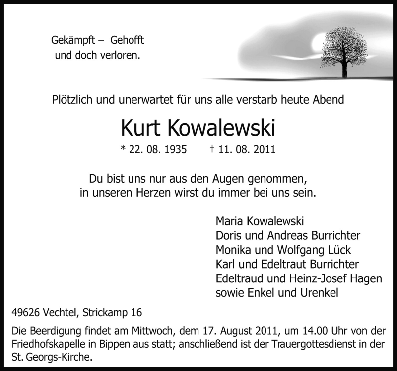  Traueranzeige für Kurt Kowalewski vom 13.08.2011 aus Neue Osnabrücker Zeitung GmbH & Co. KG