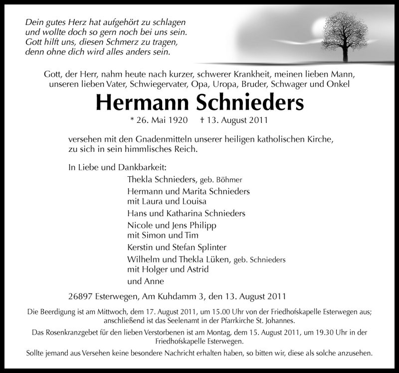  Traueranzeige für Hermann Schnieders vom 15.08.2011 aus Neue Osnabrücker Zeitung GmbH & Co. KG