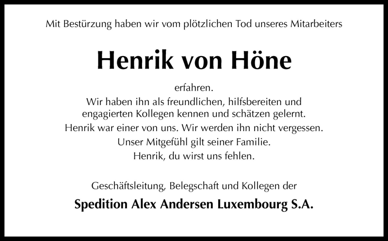  Traueranzeige für Henrik von Höne vom 27.08.2011 aus Neue Osnabrücker Zeitung GmbH & Co. KG