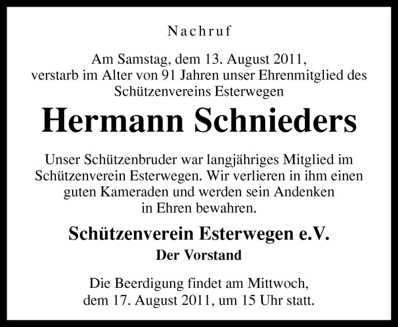  Traueranzeige für Hermann Schnieders vom 17.08.2011 aus Neue Osnabrücker Zeitung GmbH & Co. KG