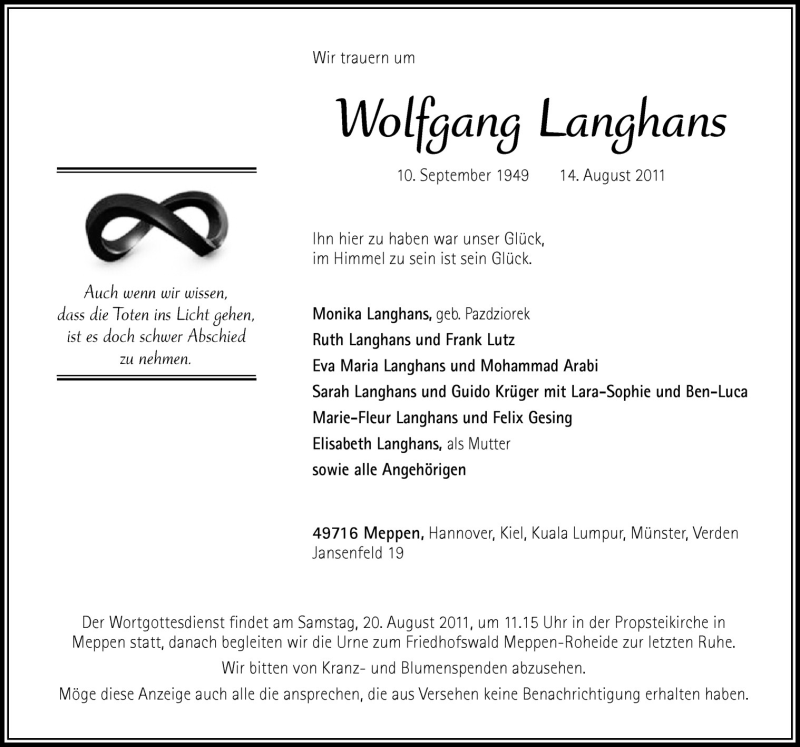  Traueranzeige für Wolfgang Langhans vom 17.08.2011 aus Neue Osnabrücker Zeitung GmbH & Co. KG