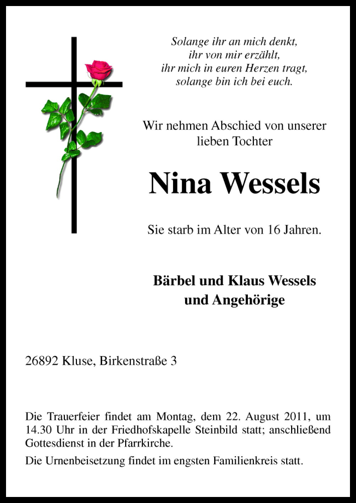  Traueranzeige für Nina Wessels vom 18.08.2011 aus Neue Osnabrücker Zeitung GmbH & Co. KG