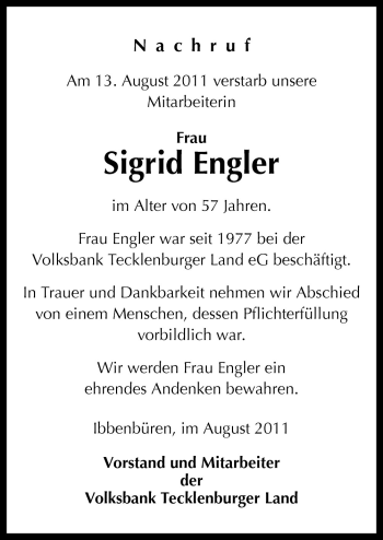 Traueranzeige von Sigrid Engler von Neue Osnabrücker Zeitung GmbH & Co. KG