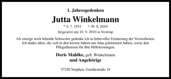 Traueranzeige von Jutta Winkelmann von Neue Osnabrücker Zeitung GmbH & Co. KG