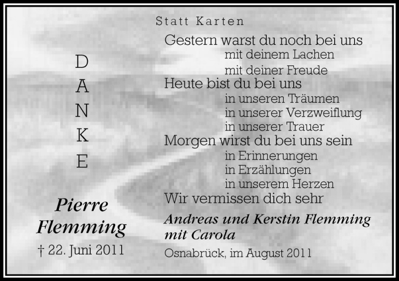  Traueranzeige für Pierre Flemming vom 20.08.2011 aus Neue Osnabrücker Zeitung GmbH & Co. KG