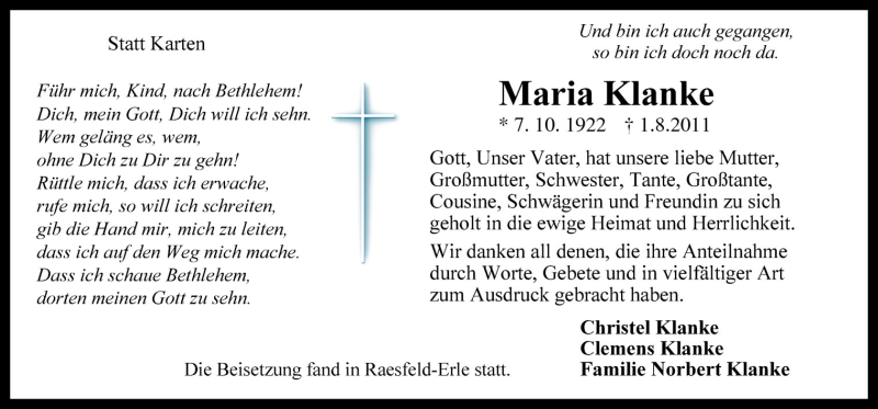  Traueranzeige für Maria Klanke vom 27.08.2011 aus Neue Osnabrücker Zeitung GmbH & Co. KG