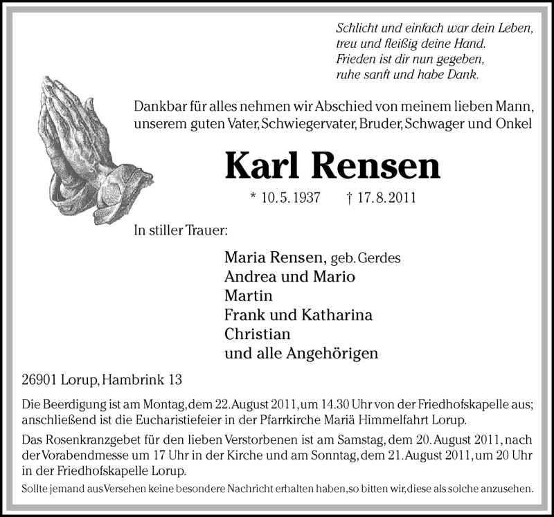  Traueranzeige für Karl Rensen vom 20.08.2011 aus Neue Osnabrücker Zeitung GmbH & Co. KG