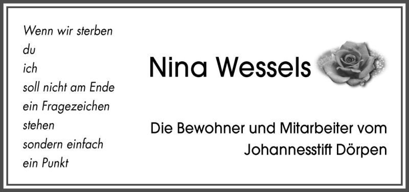  Traueranzeige für Nina Wessels vom 20.08.2011 aus Neue Osnabrücker Zeitung GmbH & Co. KG