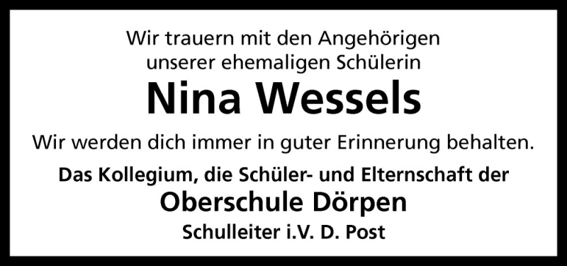  Traueranzeige für Nina Wessels vom 22.08.2011 aus Neue Osnabrücker Zeitung GmbH & Co. KG