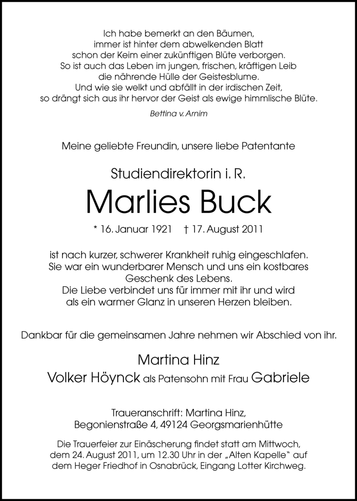  Traueranzeige für Marlies Buck vom 20.08.2011 aus Neue Osnabrücker Zeitung GmbH & Co. KG