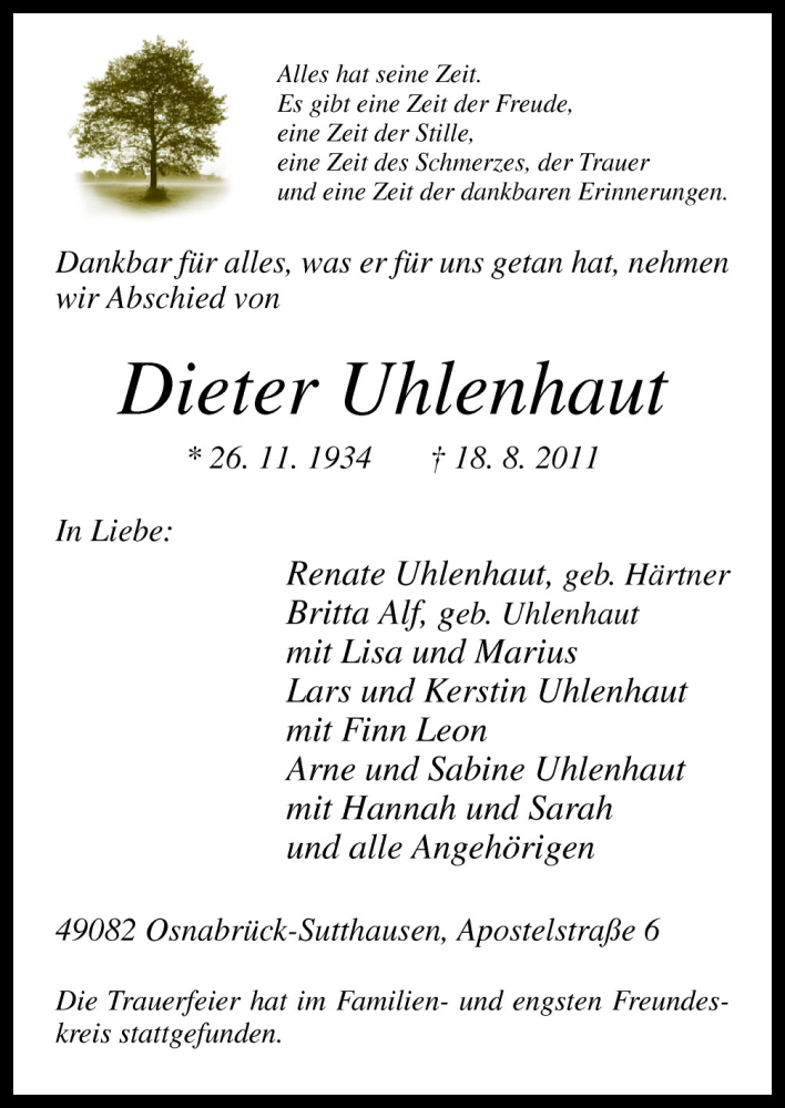  Traueranzeige für Dieter Uhlenhaut vom 24.08.2011 aus Neue Osnabrücker Zeitung GmbH & Co. KG