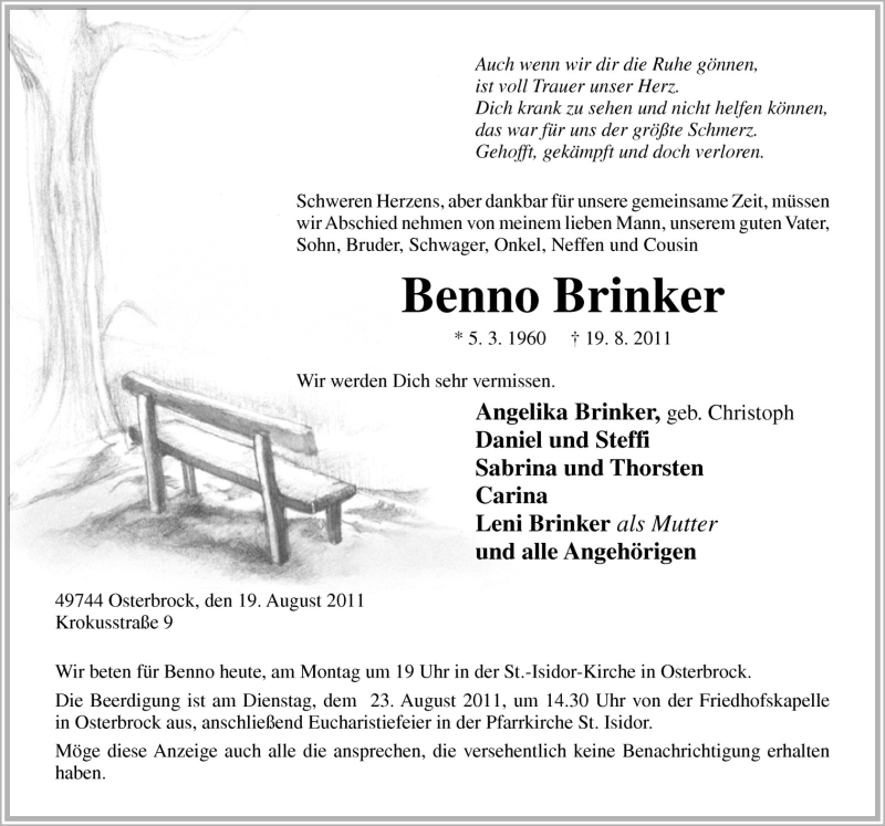  Traueranzeige für Benno Brinker vom 22.08.2011 aus Neue Osnabrücker Zeitung GmbH & Co. KG