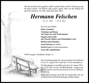 Traueranzeige von Hermann Felschen von Neue Osnabrücker Zeitung GmbH & Co. KG