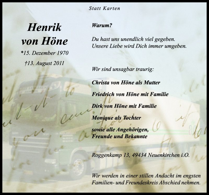  Traueranzeige für Henrik von Höne vom 23.08.2011 aus Neue Osnabrücker Zeitung GmbH & Co. KG