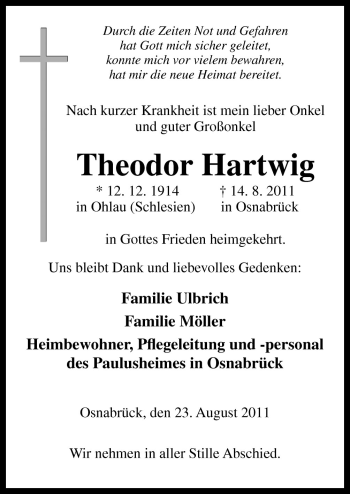 Traueranzeige von Theodor Hartwig von Neue Osnabrücker Zeitung GmbH & Co. KG