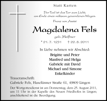Traueranzeige von Magdalena Fels von Neue Osnabrücker Zeitung GmbH & Co. KG