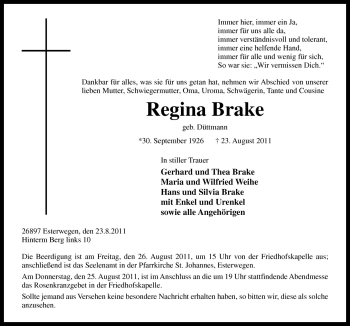 Traueranzeige von Regina Brake von Neue Osnabrücker Zeitung GmbH & Co. KG