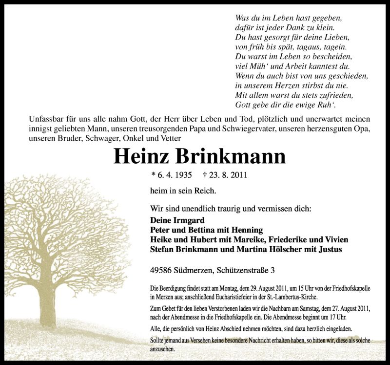  Traueranzeige für Heinz Brinkmann vom 25.08.2011 aus Neue Osnabrücker Zeitung GmbH & Co. KG