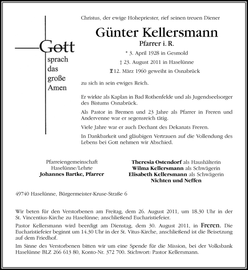  Traueranzeige für Günter Kellersmann vom 25.08.2011 aus Neue Osnabrücker Zeitung GmbH & Co. KG