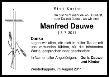 Traueranzeige von Manfred Dauwe von Neue Osnabrücker Zeitung GmbH & Co. KG