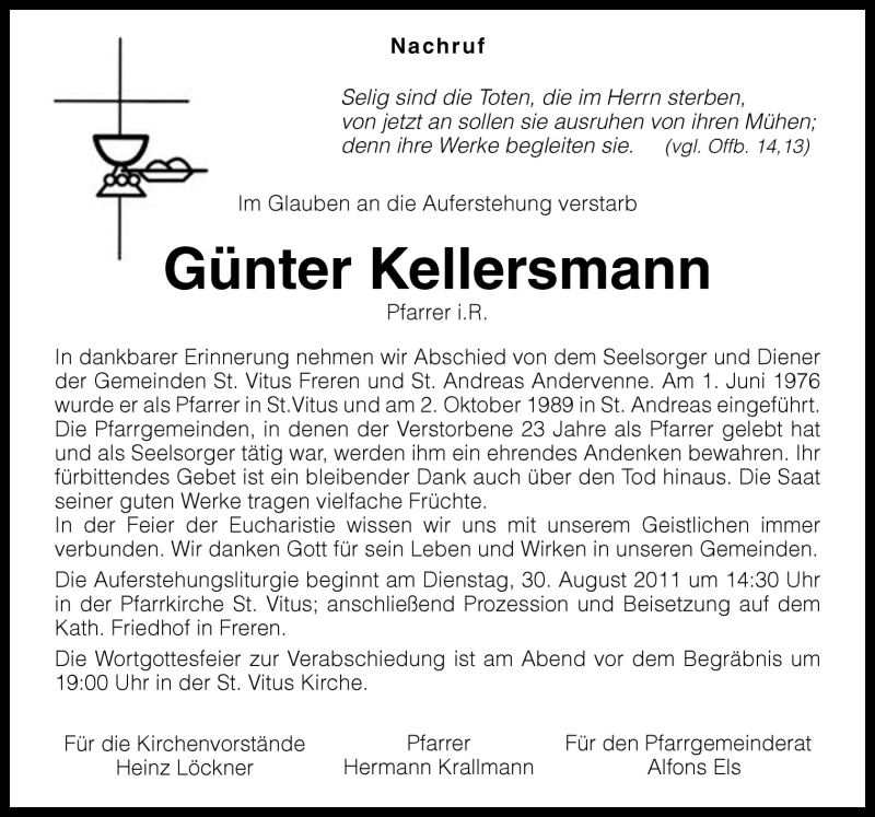  Traueranzeige für Günter Kellersmann vom 26.08.2011 aus Neue Osnabrücker Zeitung GmbH & Co. KG