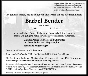 Traueranzeige von Bärbel Bender von Neue Osnabrücker Zeitung GmbH & Co. KG