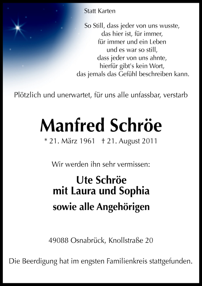  Traueranzeige für Manfred Schröe vom 27.08.2011 aus Neue Osnabrücker Zeitung GmbH & Co. KG