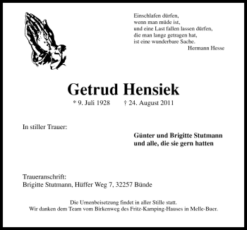 Traueranzeige von Getrud Hensiek von Neue Osnabrücker Zeitung GmbH & Co. KG