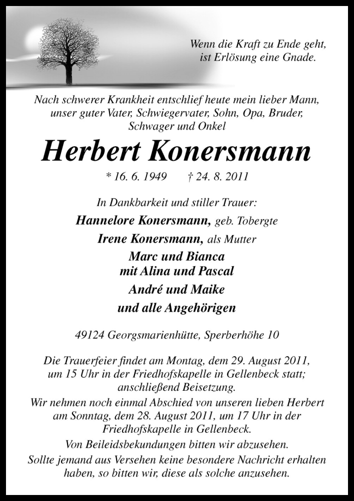  Traueranzeige für Herbert Konersmann vom 26.08.2011 aus Neue Osnabrücker Zeitung GmbH & Co. KG