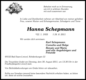 Traueranzeige von Hanna Schepmann von Neue Osnabrücker Zeitung GmbH & Co. KG