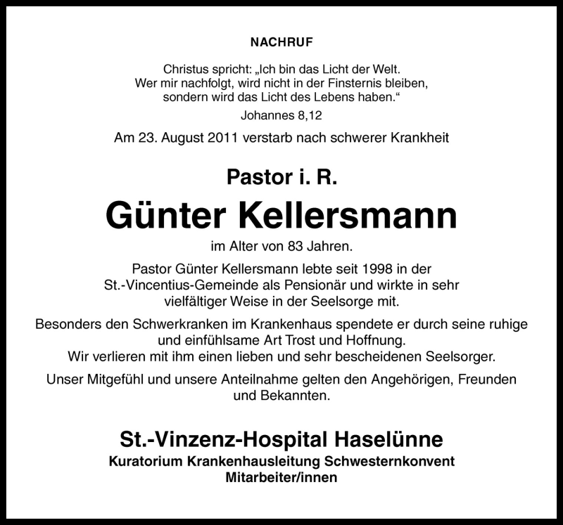  Traueranzeige für Günter Kellersmann vom 29.08.2011 aus Neue Osnabrücker Zeitung GmbH & Co. KG