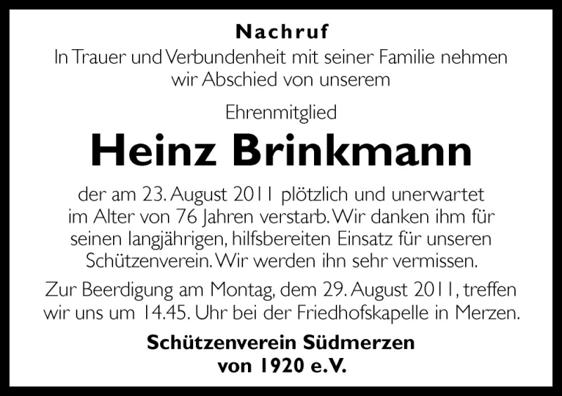  Traueranzeige für Heinz Brinkmann vom 27.08.2011 aus Neue Osnabrücker Zeitung GmbH & Co. KG