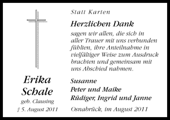 Traueranzeige von Erika Schale von Neue Osnabrücker Zeitung GmbH & Co. KG
